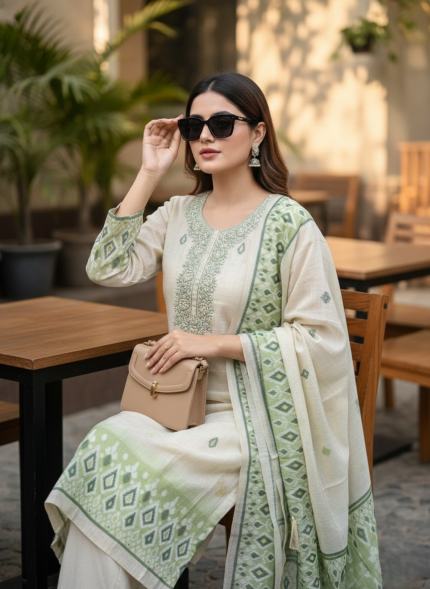 Elegant pastel green suit set - Premium Unstitched Suit Material for Women