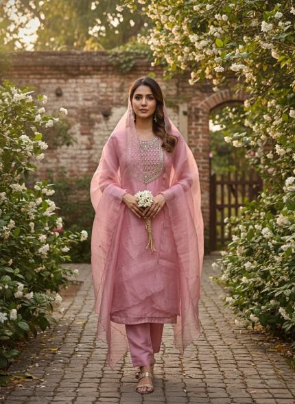 Handcrafted Organza Unstitched Suit Material - Soft blush pink organza suit