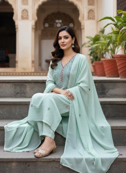 Mint Sage Hand-Embroidered Suit - Premium Unstitched Suit Material for Women
