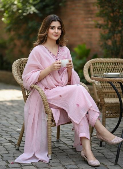 Powder Pink Hand-Embroidered Suit - Premium Unstitched Suit Material for Women