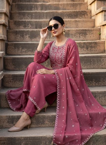 Rich Rose-Berry Pink Suit - Premium Unstitched Suit Material for Women