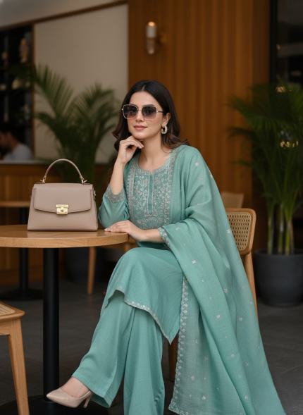 Handcrafted Chanderi Unstitched Suit Material - Sage Green Chanderi Suit