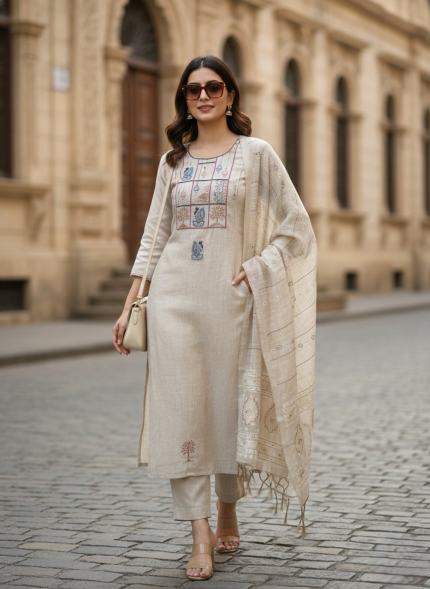 Soft Ivory/Natural Off-White colour Suit - Premium Unstitched Suit Material for Women
