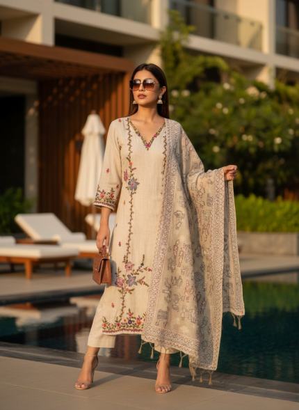 Natural beige / warm ivory Colour Suit - Premium Unstitched Suit Material for Women