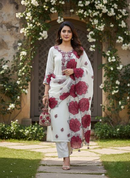 Hand-Painted Pure Organza Unstitched Suit - Classic Ivory