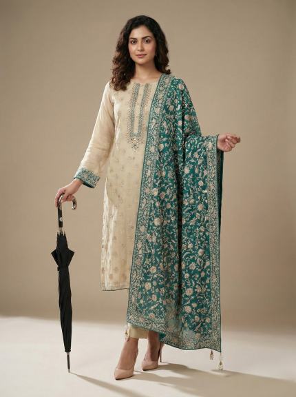 Hand-Embroidered Chanderi Silk Unstitched Suit - Sage and Emerald