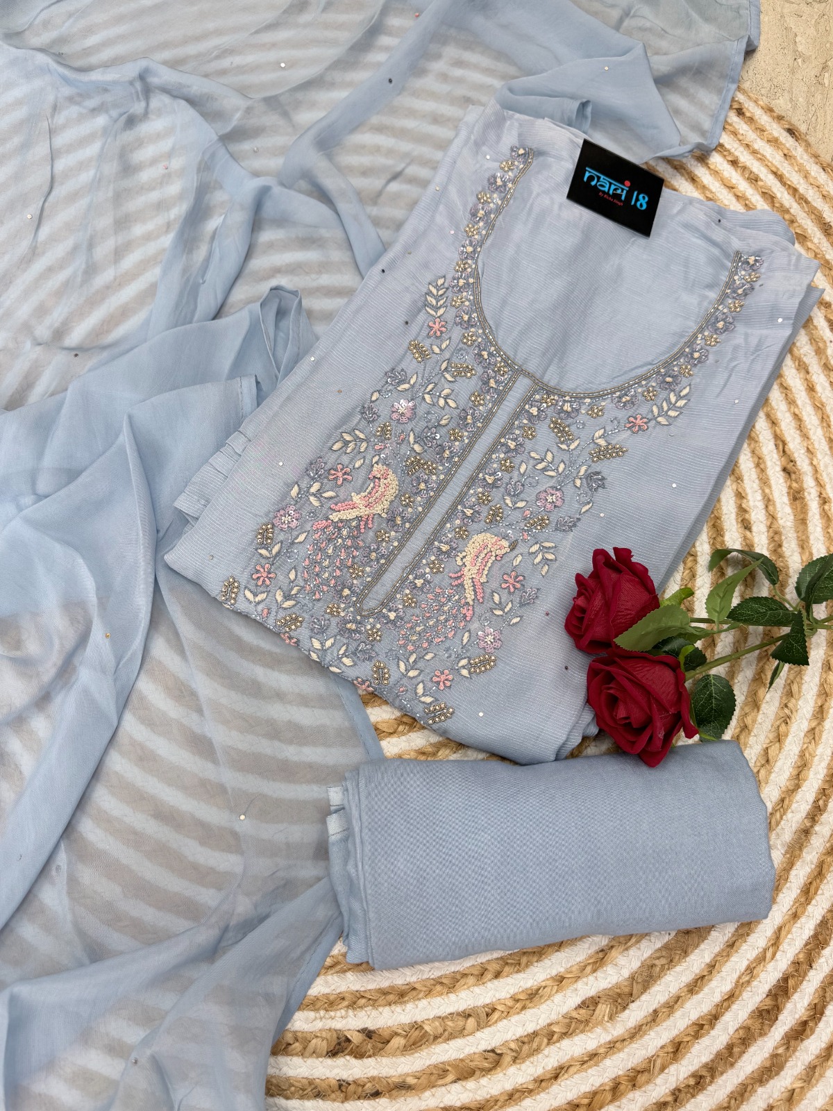 Powder Blue hand Embroidery Suit - Premium Unstitched Suit Material for Women view 2