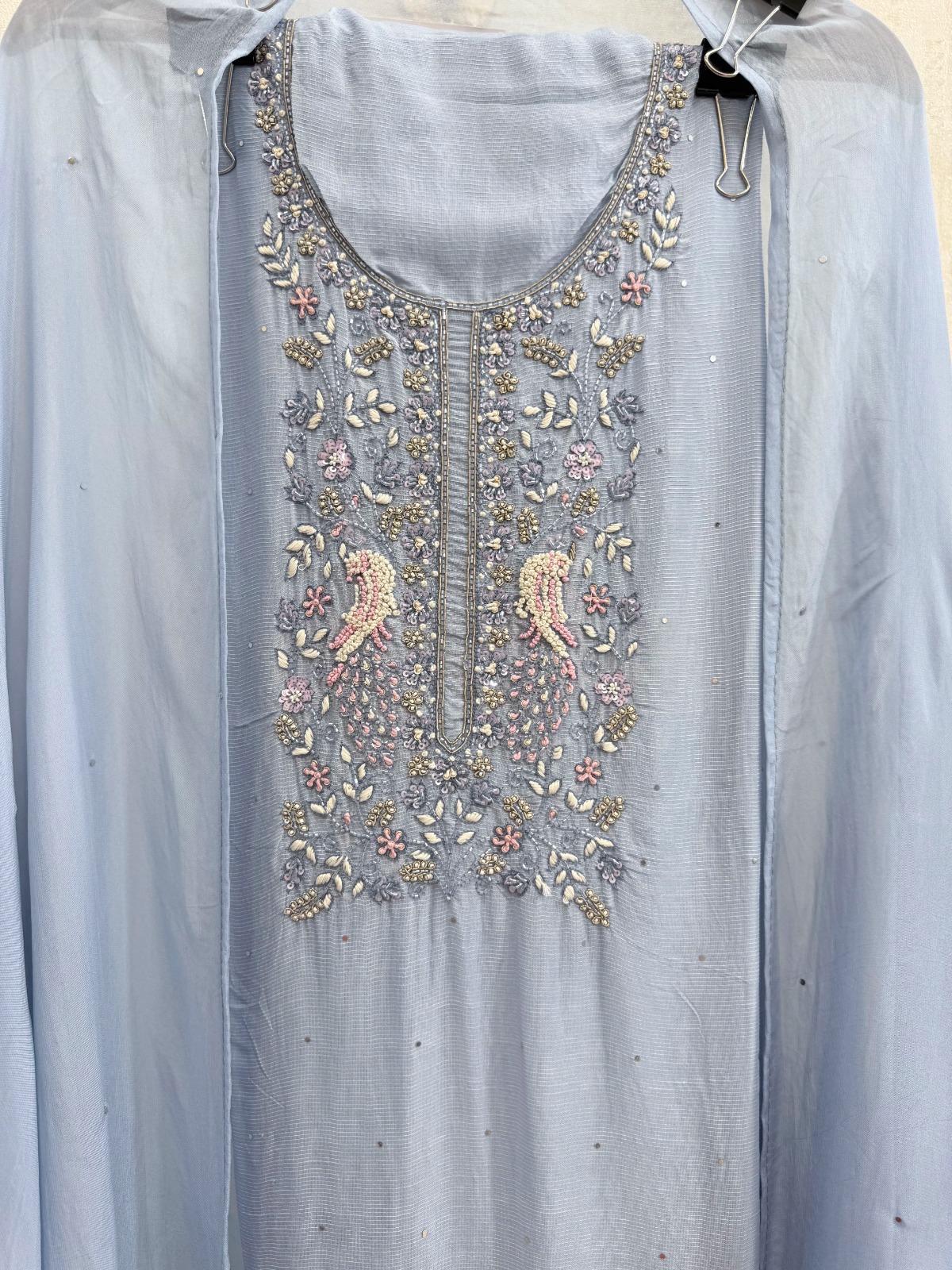 Powder Blue hand Embroidery Suit - Premium Unstitched Suit Material for Women view 4