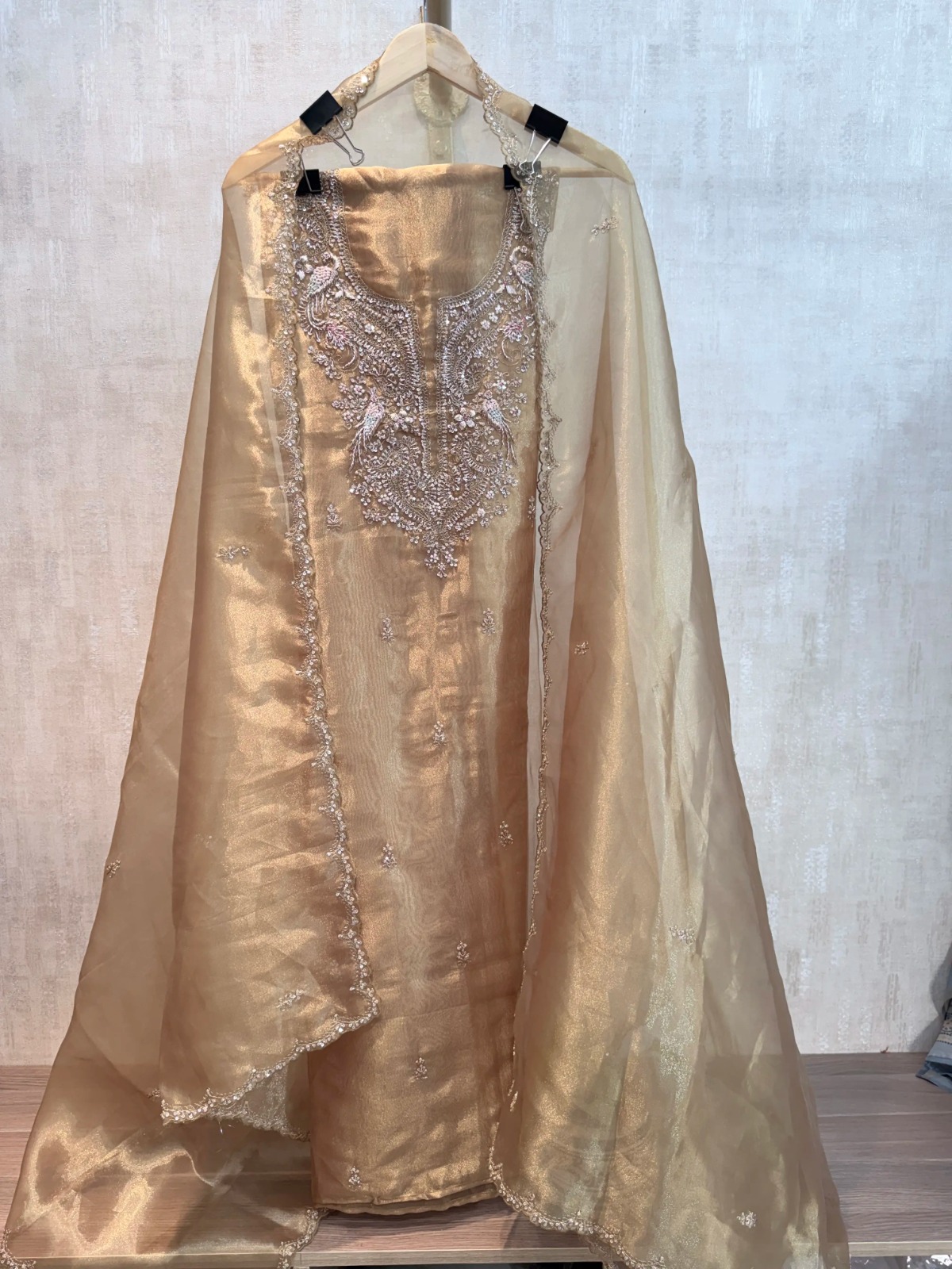 Soft Antique Gold Hand Embroidery Suit - Premium Unstitched Suit Material for Women view 2