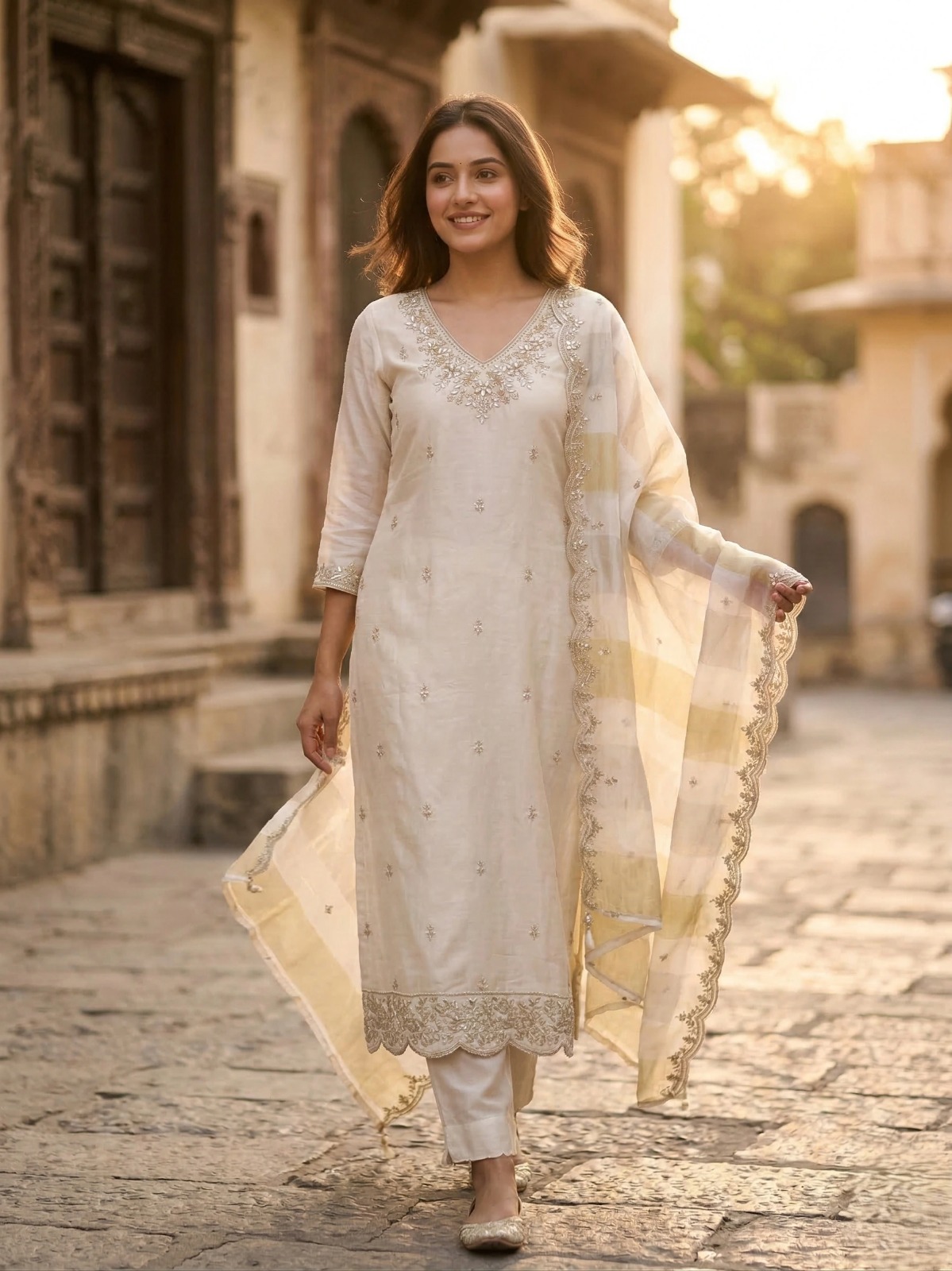 Pure Silk Unstitched Suit Material - Elegant Ivory / Off-White Silk Suit
