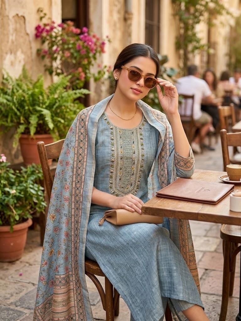 Soft Dusty Blue with Hand Embroidery Suit - Premium Unstitched Suit Material for Women