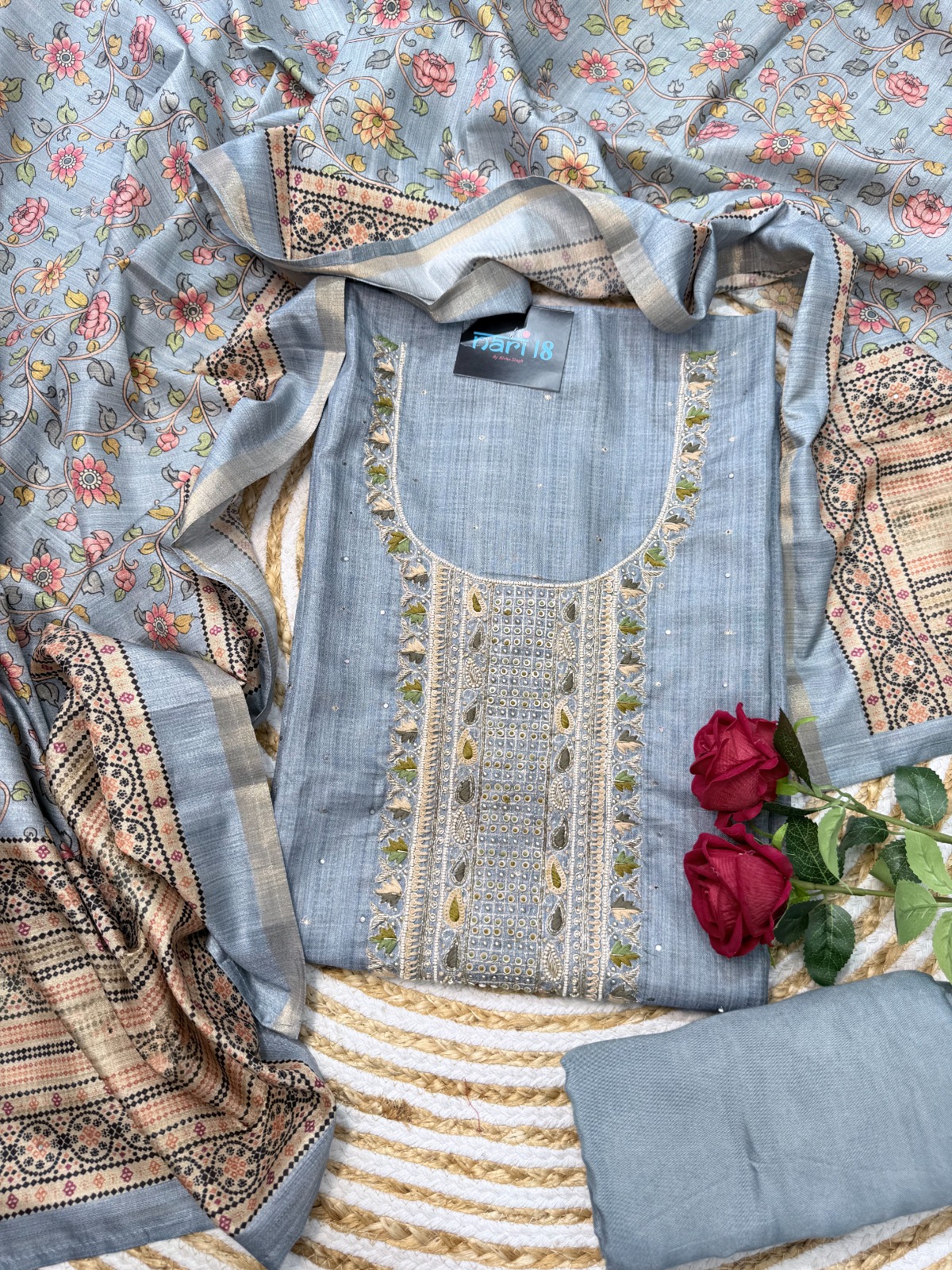 Pure Silk Unstitched Suit Material - Soft Dusty Blue with Hand Embroidery Suit view 2