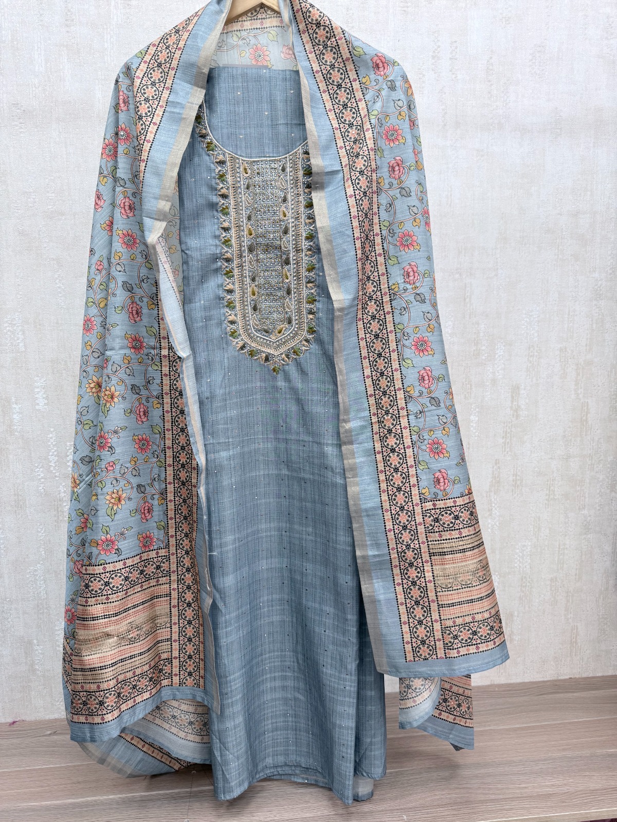 Pure Silk Unstitched Suit Material - Soft Dusty Blue with Hand Embroidery Suit view 3