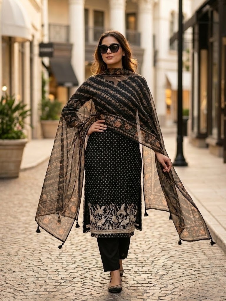 Classic Black Heritage Embroidered Suit - Premium Unstitched Suit Material for Women