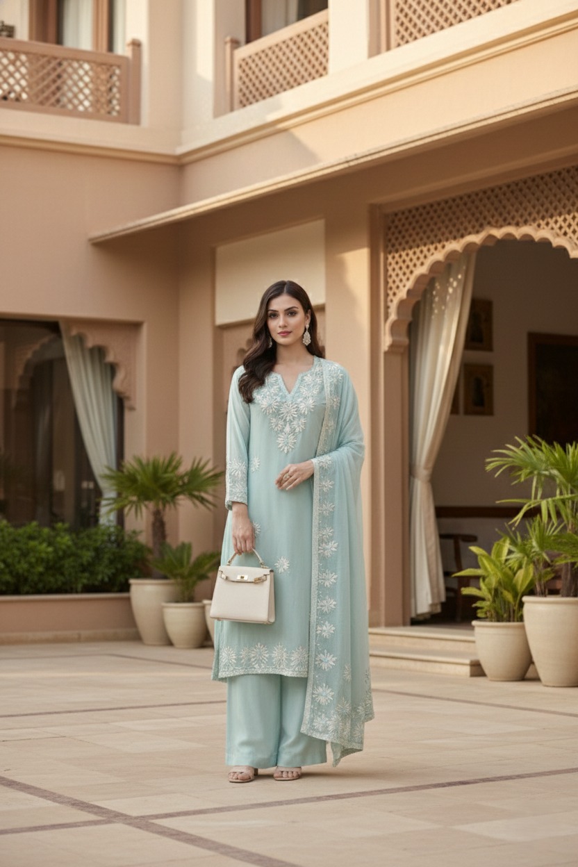 Blue Leather Embroidered Suit 