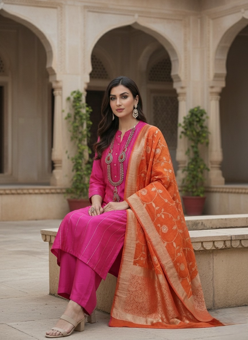Pink Silk Neckline Suit