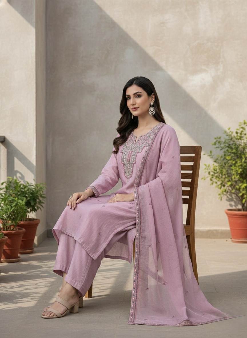 Dusty Rose Embroidery Silk Suit   