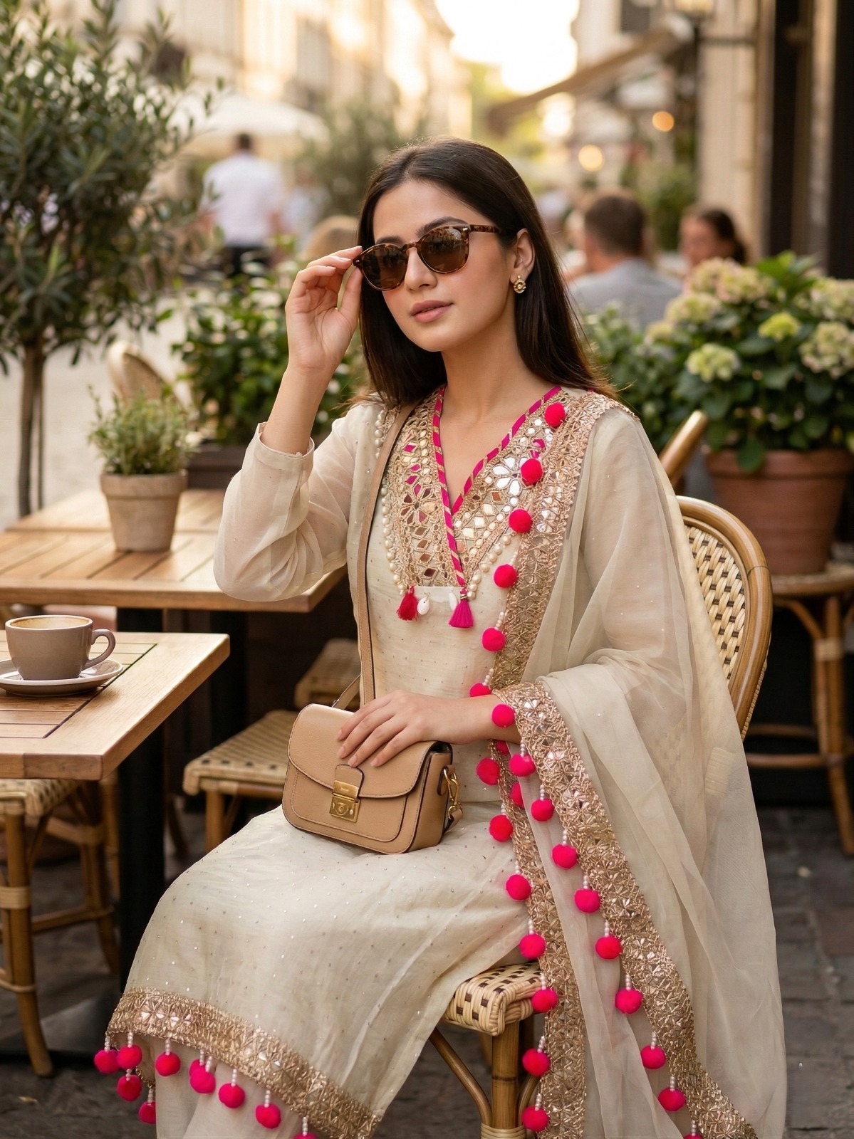 Embellished Suit with Pom-Pom Dupatta