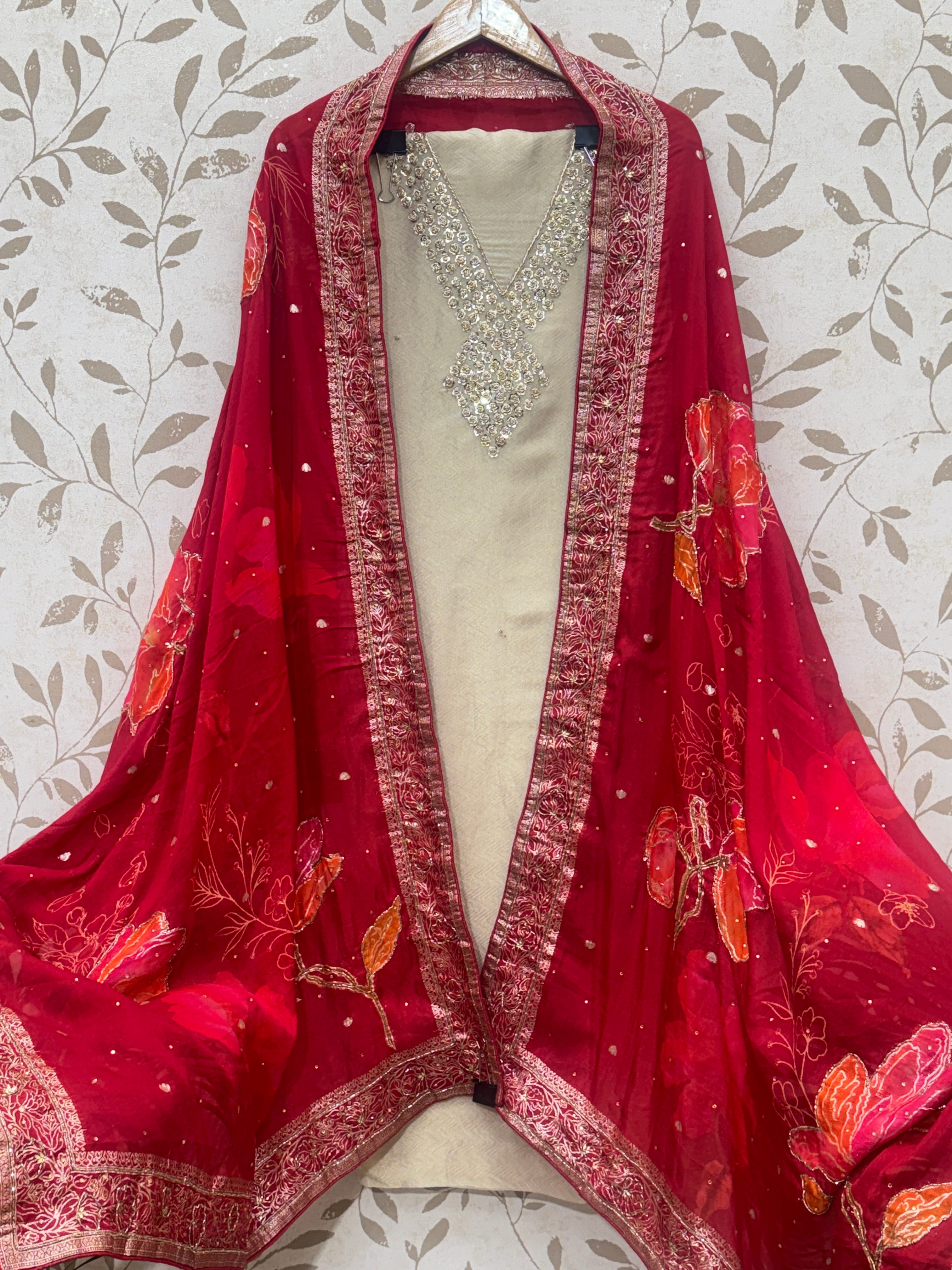 Pure Silk Unstitched Suit Material - Classic Cream With Contrast Dupatta Suit view 2