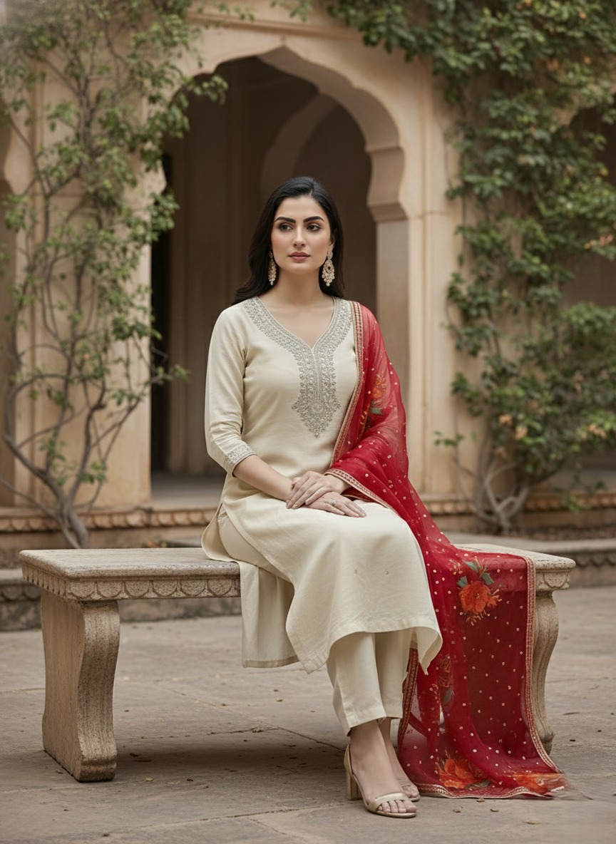 Classic Cream With Contrast Dupatta Suit