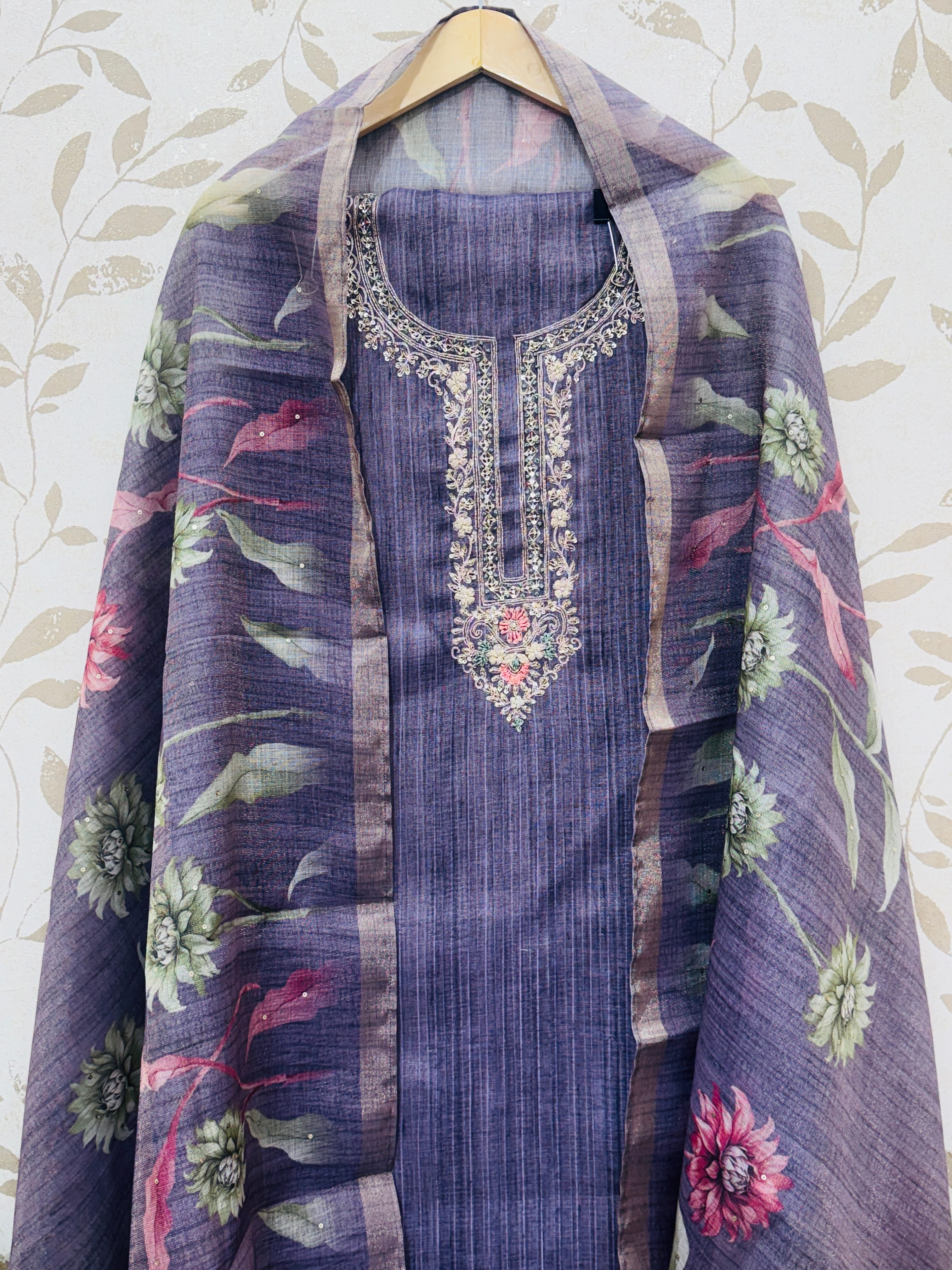Pure Silk Unstitched Suit Material - Premium Lavender Silk Suit view 3
