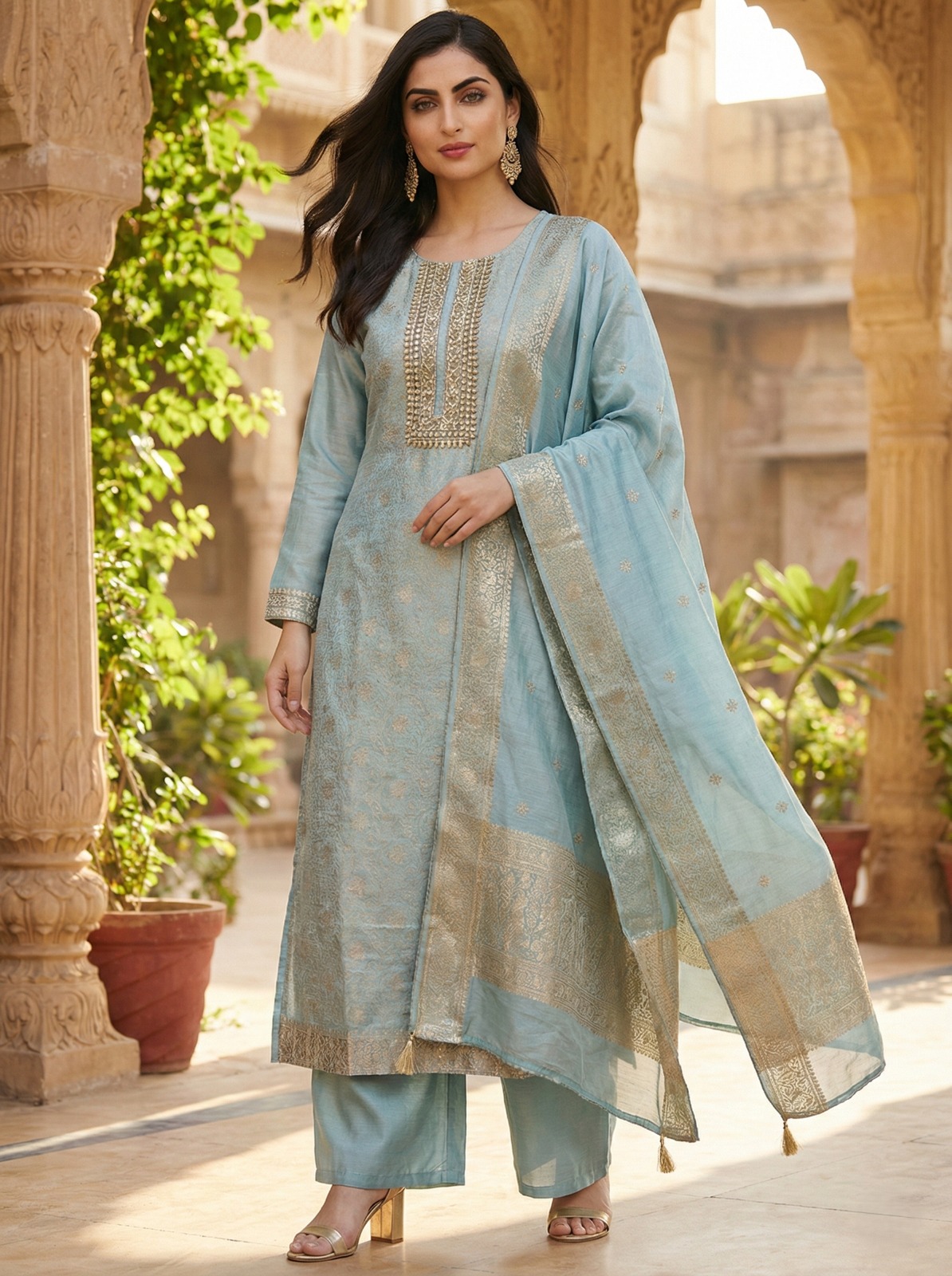 Elegant Powder Blue Silk Suit