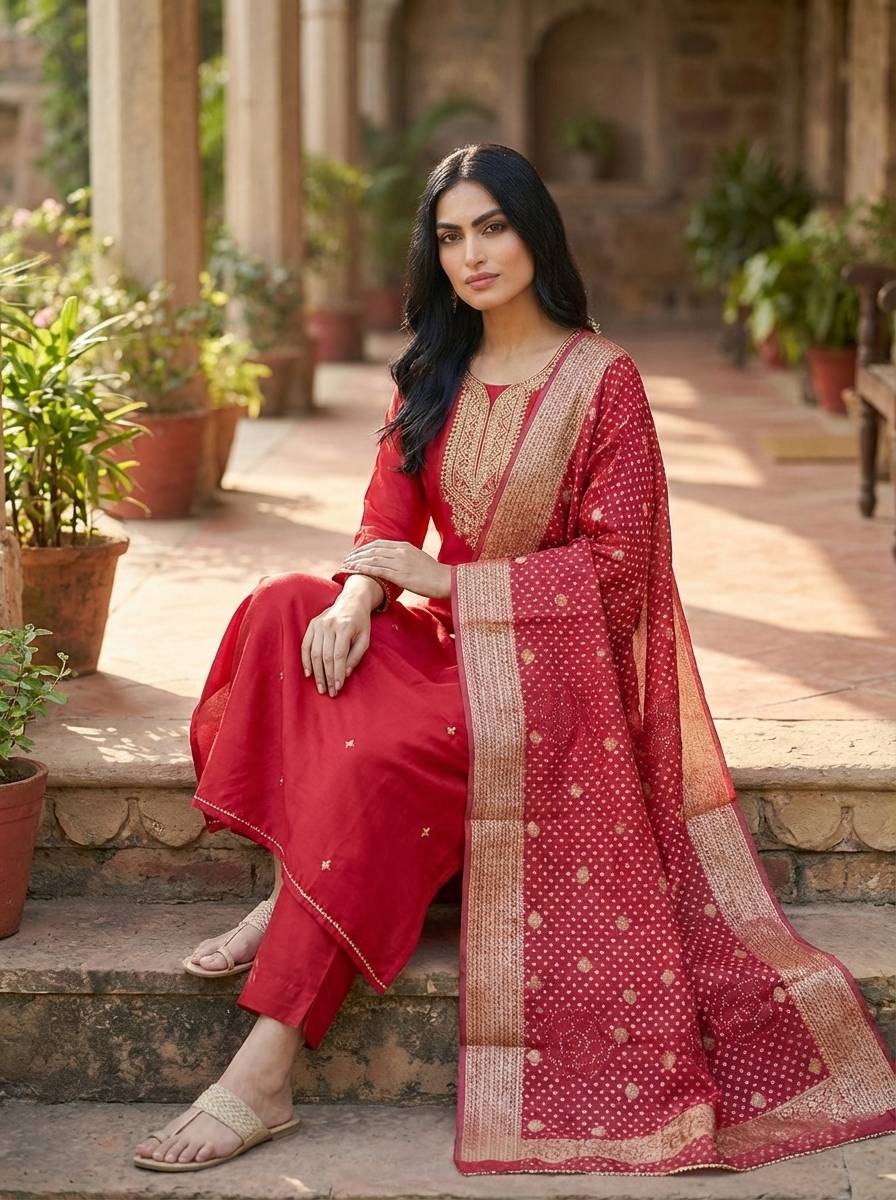 Deep Red Ethnic Silk Suit
