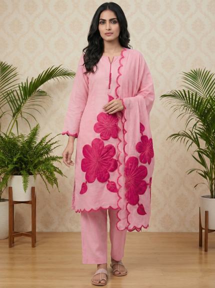 Blush Pink Floral Applique Suit - Premium Unstitched Suit Material for Women