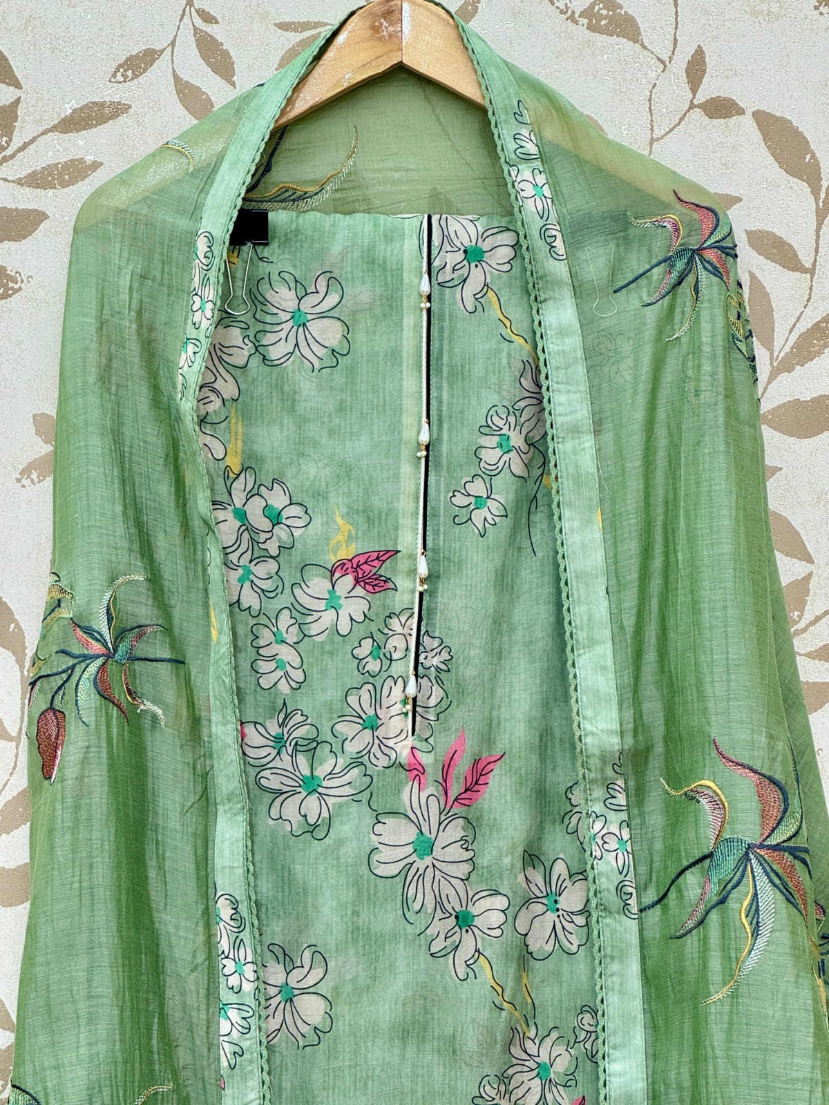 Mul Cotton Pista Green Suit - Premium Unstitched Suit Material for Women view 2
