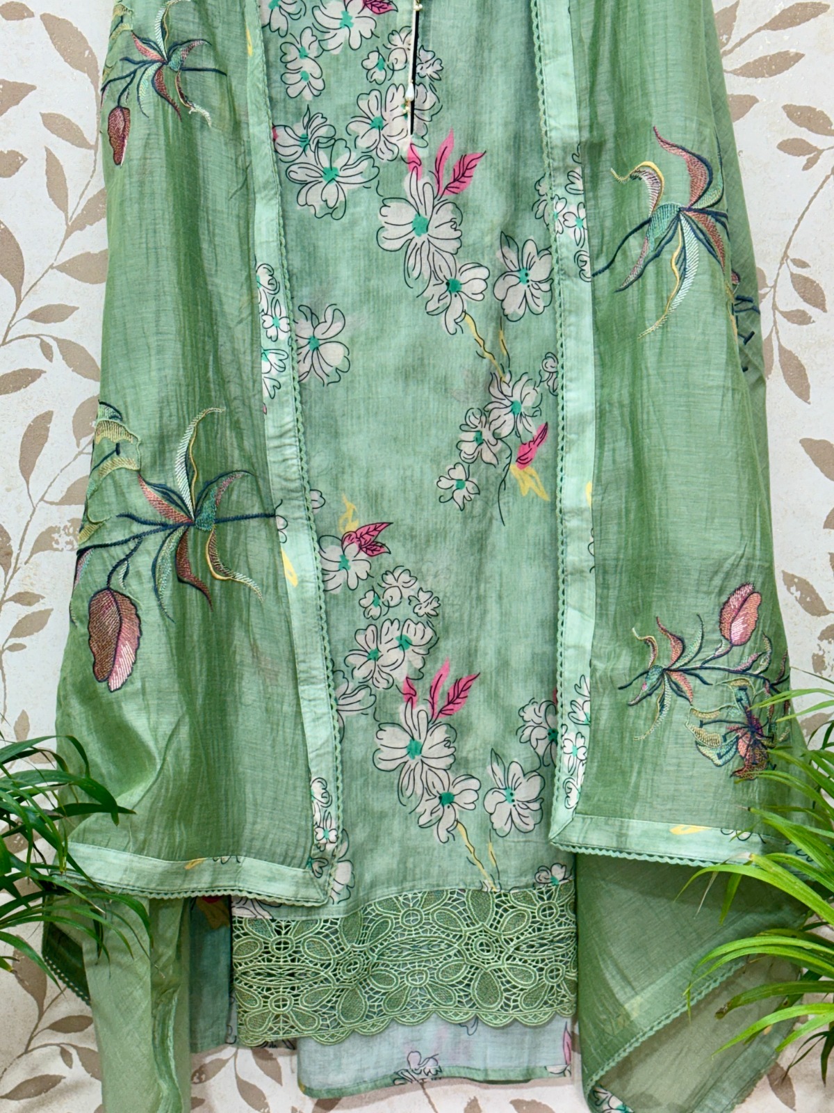 Mul Cotton Pista Green Suit - Premium Unstitched Suit Material for Women view 3