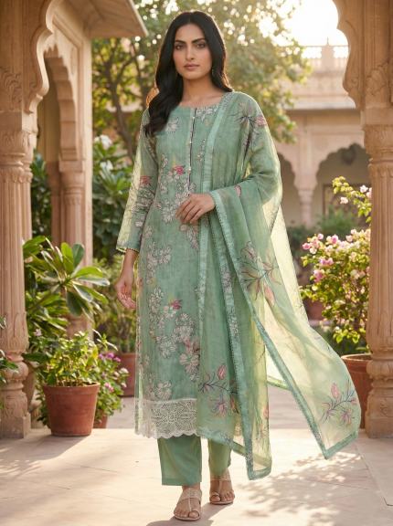 Mul Cotton Pista Green Suit - Premium Unstitched Suit Material for Women