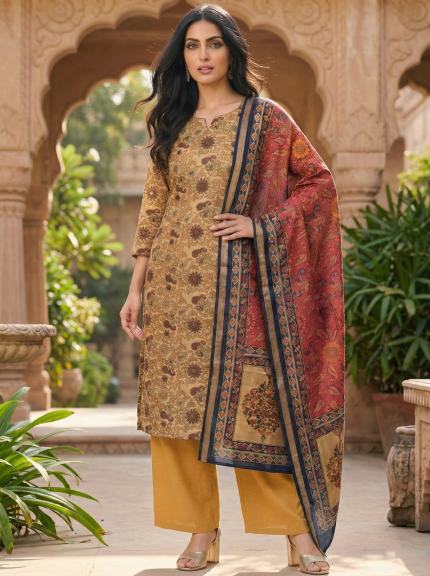 Warm Mustard -Beige Suit - Premium Unstitched Suit Material for Women