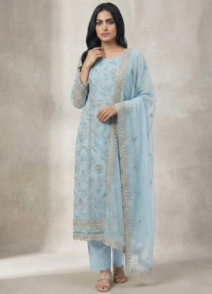 Pure Georgette Chikankari Unstitched Suit Material - Powder Blue Georgette Suit