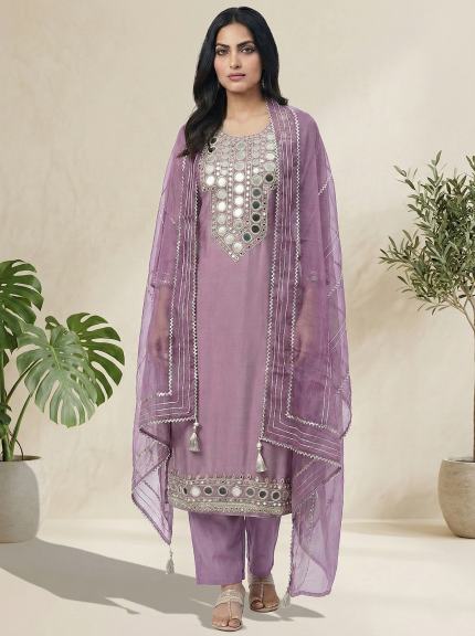 Pure Silk Unstitched Suit Material - Mauve Mirror-Embellished Tissue Silk Suit