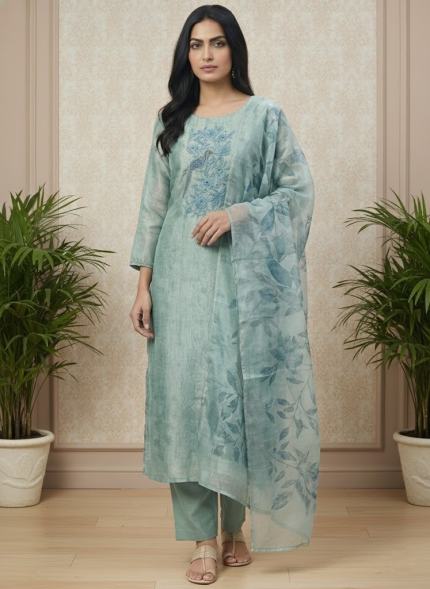 Pure Silk Unstitched Suit Material - Powder Blue Tissue Silk Suit
