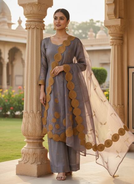 Pure Silk Unstitched Suit Material - Smoky Taupe Silk Suit with Handcrafted Applique