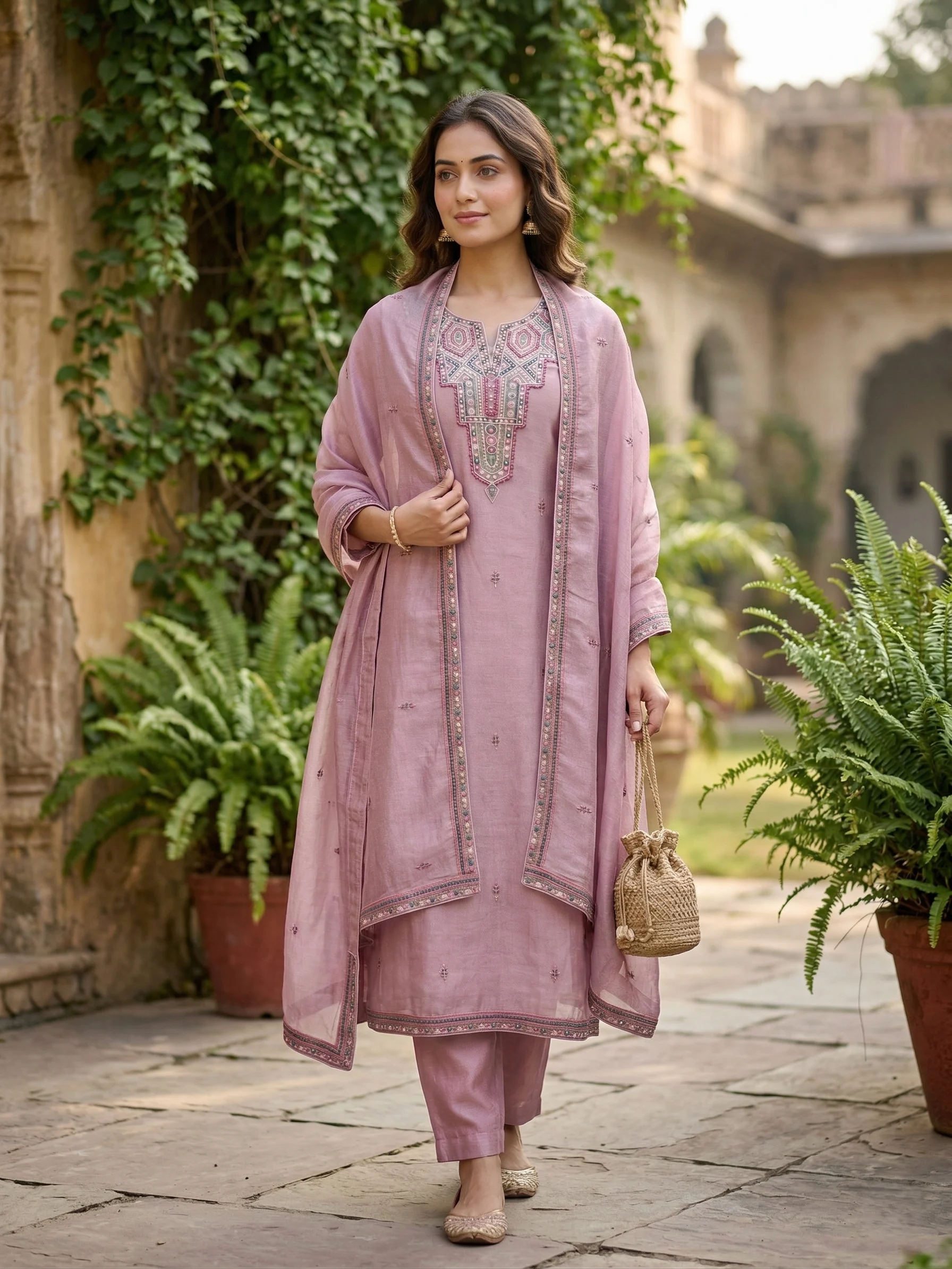 Dusty Rose handcrafted embroidery Imported Silk - View 1