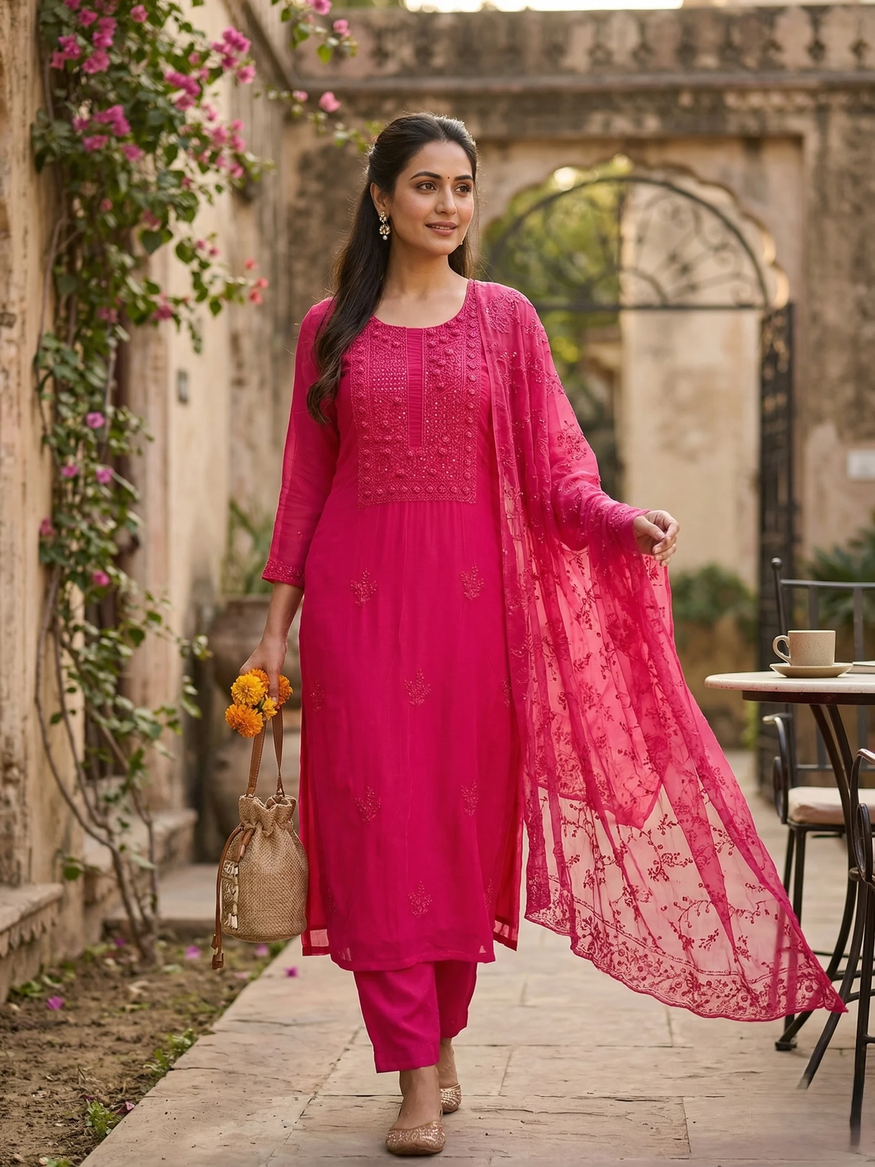 CHIFFON SUIT SET WITH EMBROIDERY - View 1