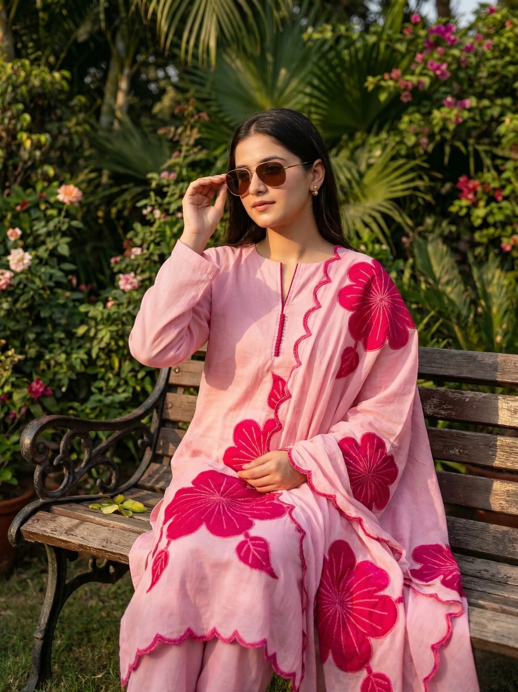 Blush Pink Floral Applique Suit - View 1