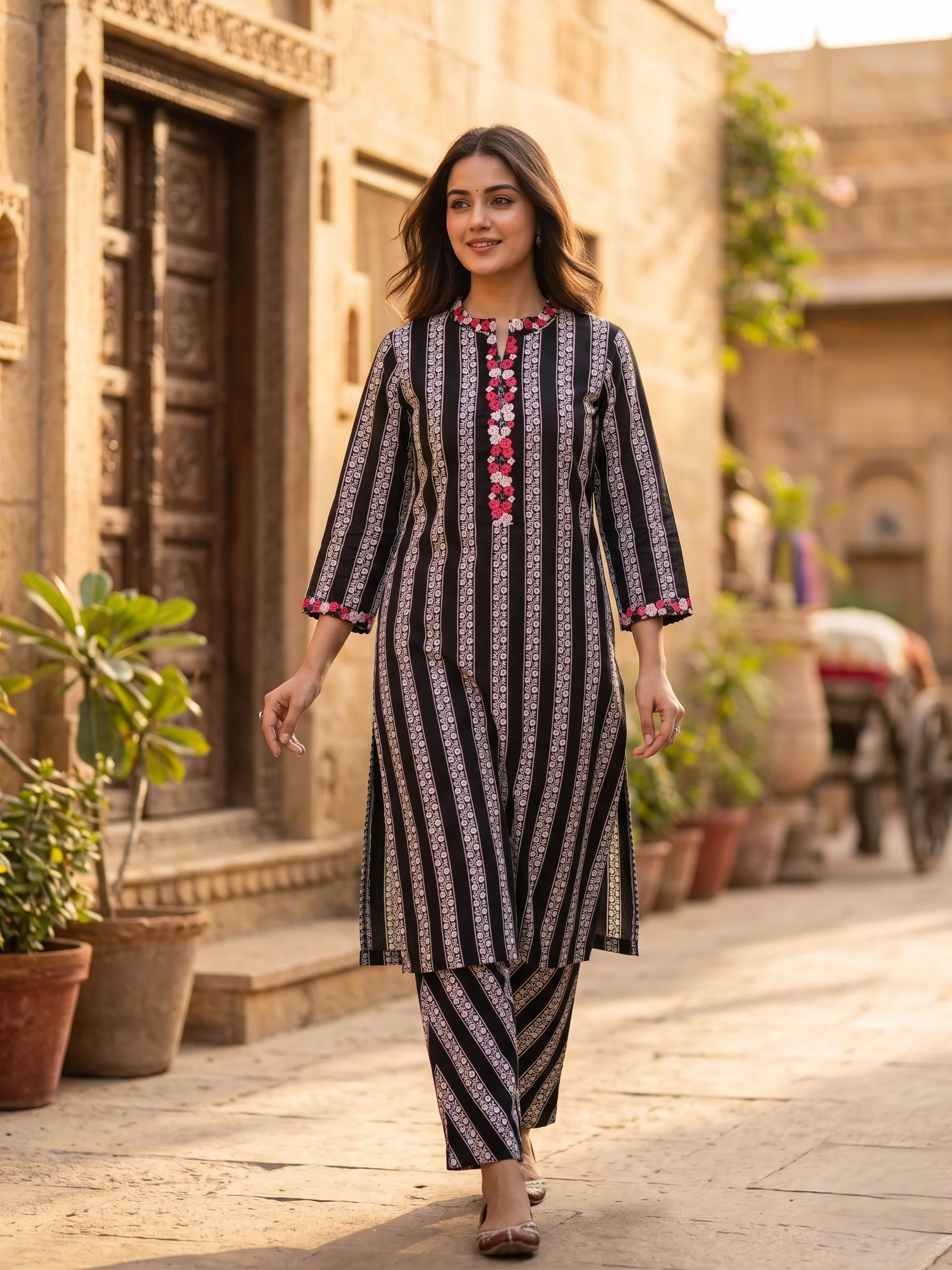 Black Printed Cotton Co-ord Set - View 1