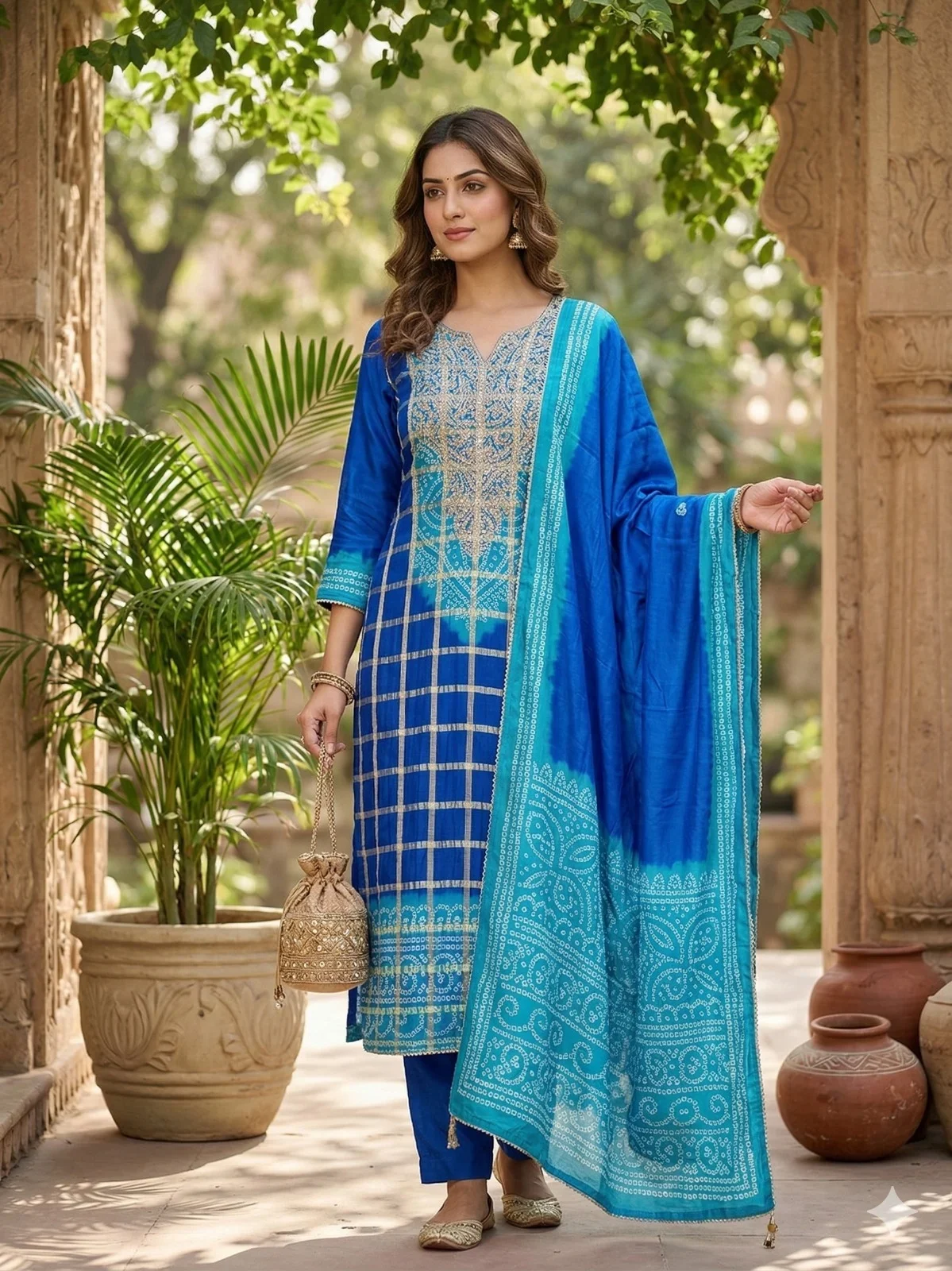 Blue Bandhani Suit - View 1