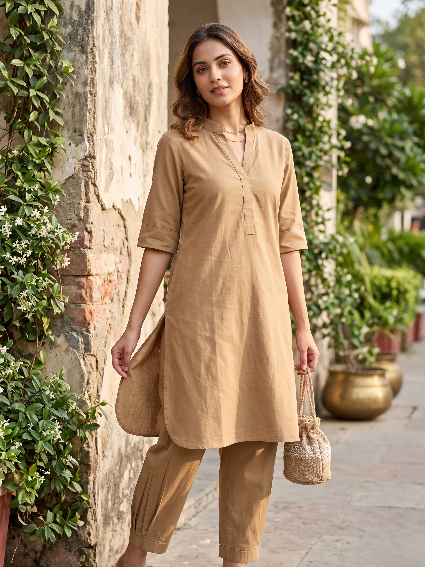 Classic Beige Slub Cotton Co-ord Set - View 1