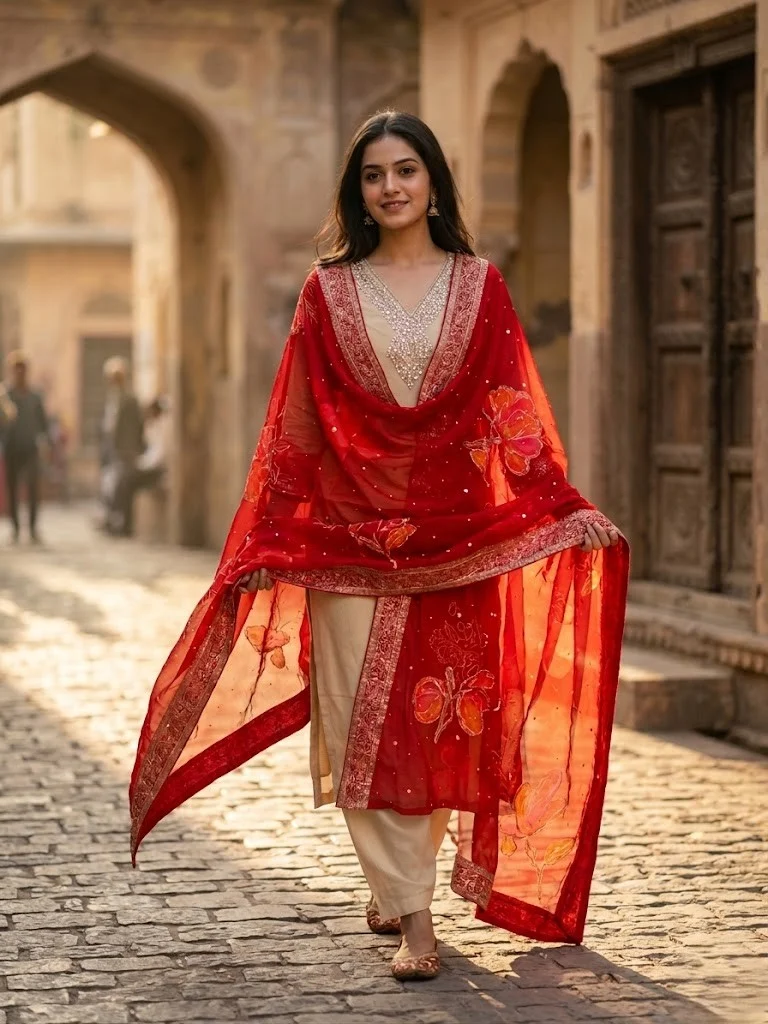 CLASSIC CREAM WITH CONTRAST DUPATTA SUIT - View 1