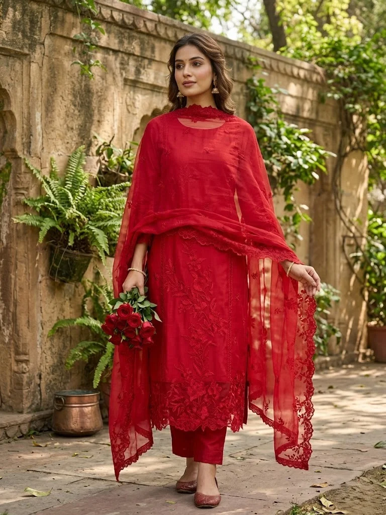 Crimson Red Embroidered OrganzaSilk Suit Set - View 1