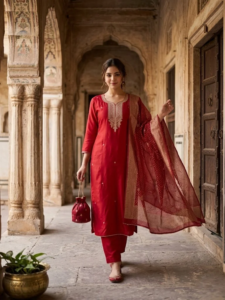 Deep Red Ethnic Silk Suit - View 1