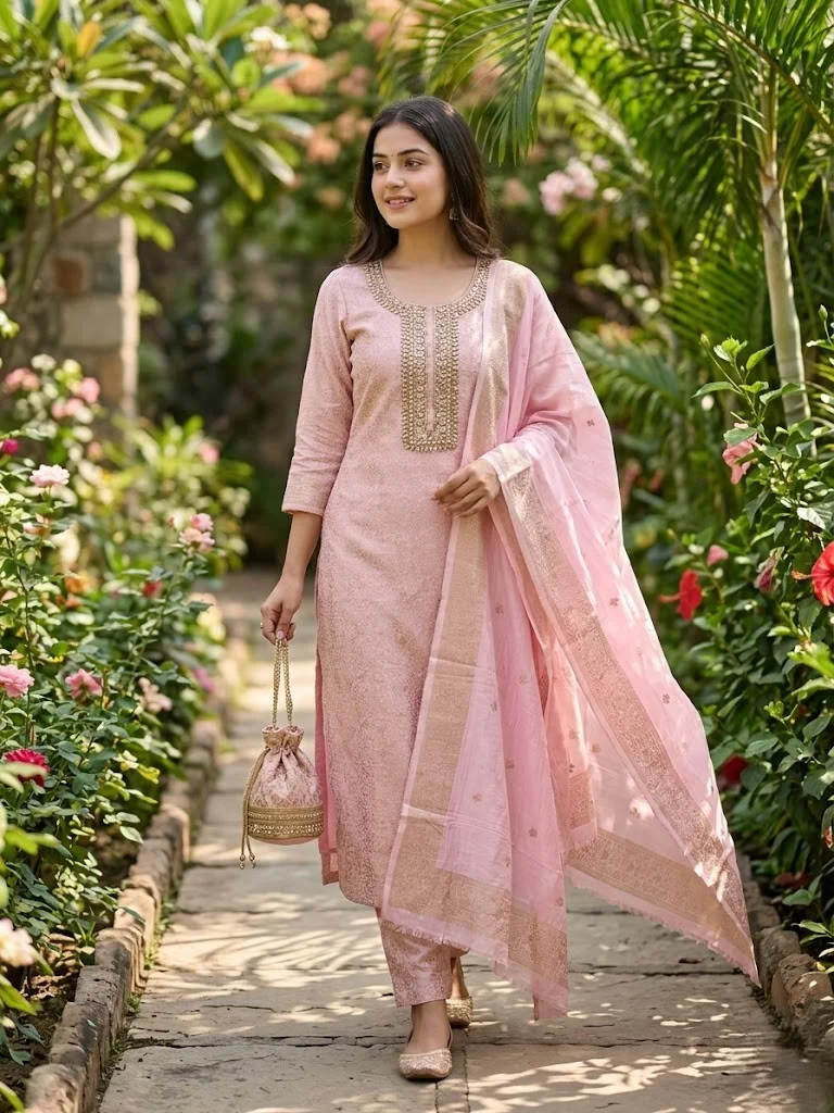 Elegant Blush Pink Silk Suit - View 1
