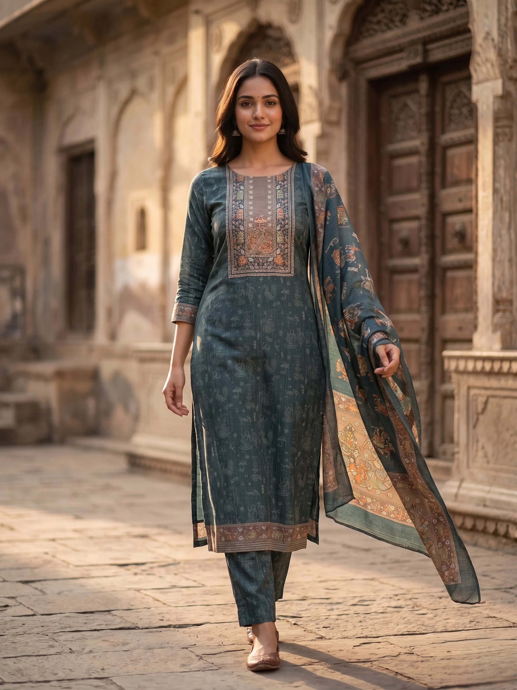 Elegant Teal Blue Kantha Work Suit - View 1