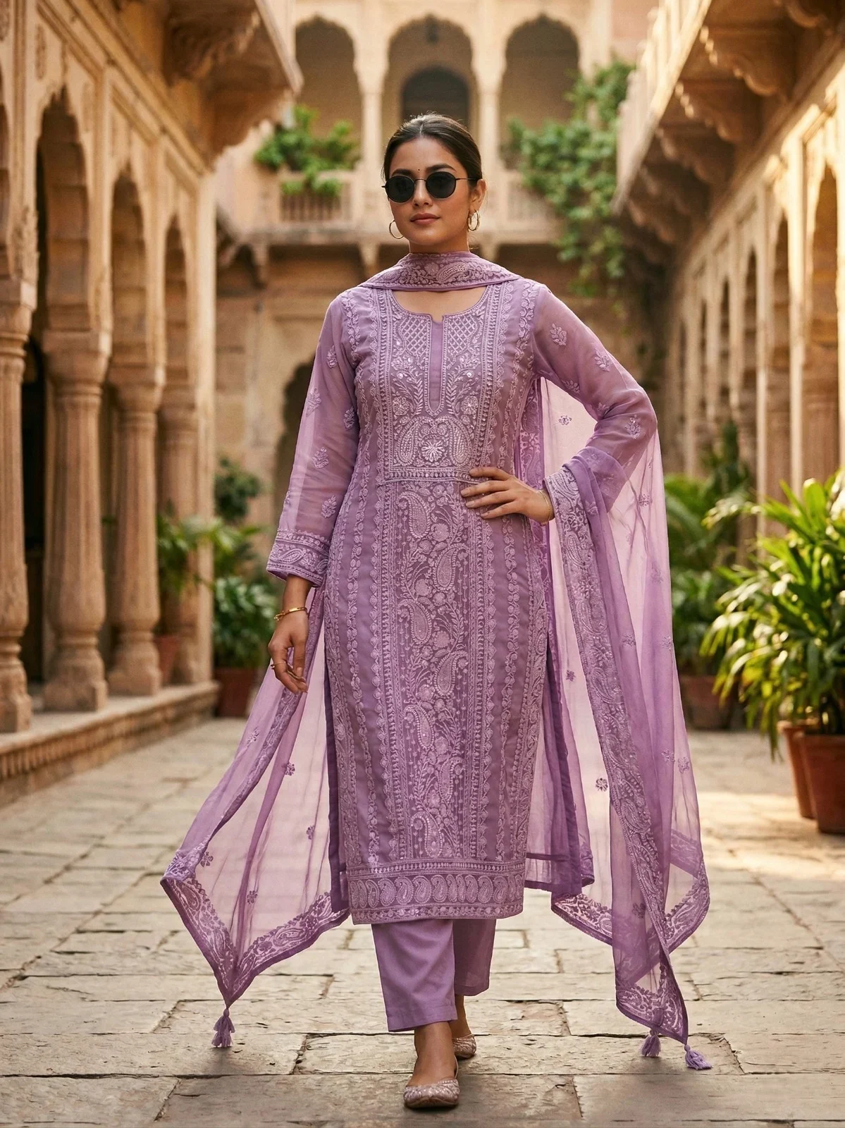 Georgette Lucknowi Embroidered Suit - View 1