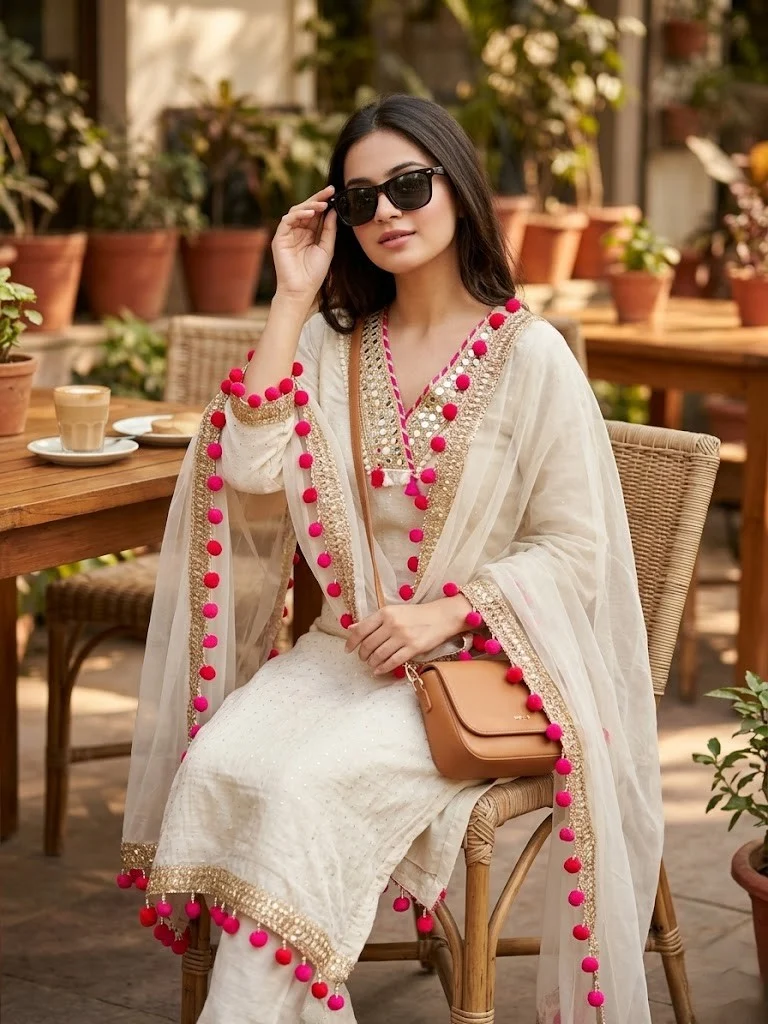 Ivory Embellished Suit Set with Pom-Pom Dupatta - View 1