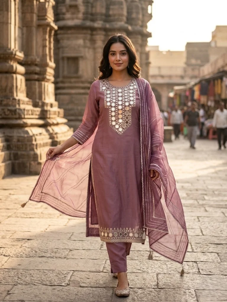 Mauve Mirror-Embellished Tissue Silk Suit - View 1